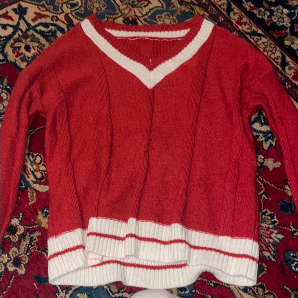 Red and White V-Neck Sweater